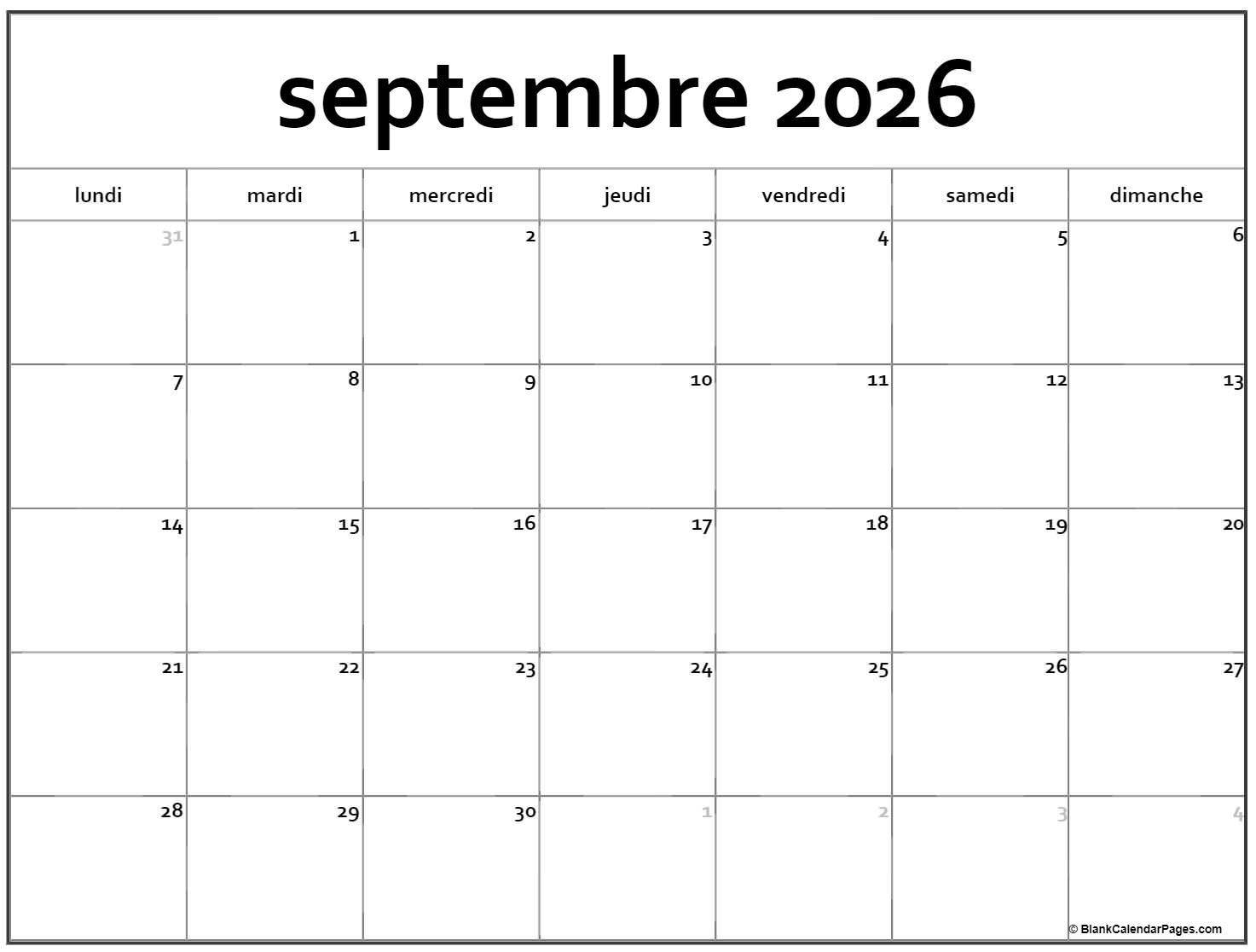 Septembre 2026 Calendrier Imprimable Calendrier Gratuit