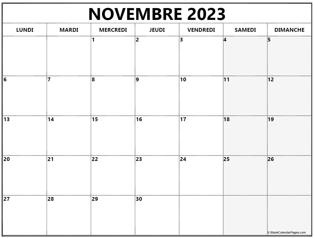 Calendrier Novembre 2023 à consulter ou imprimer 