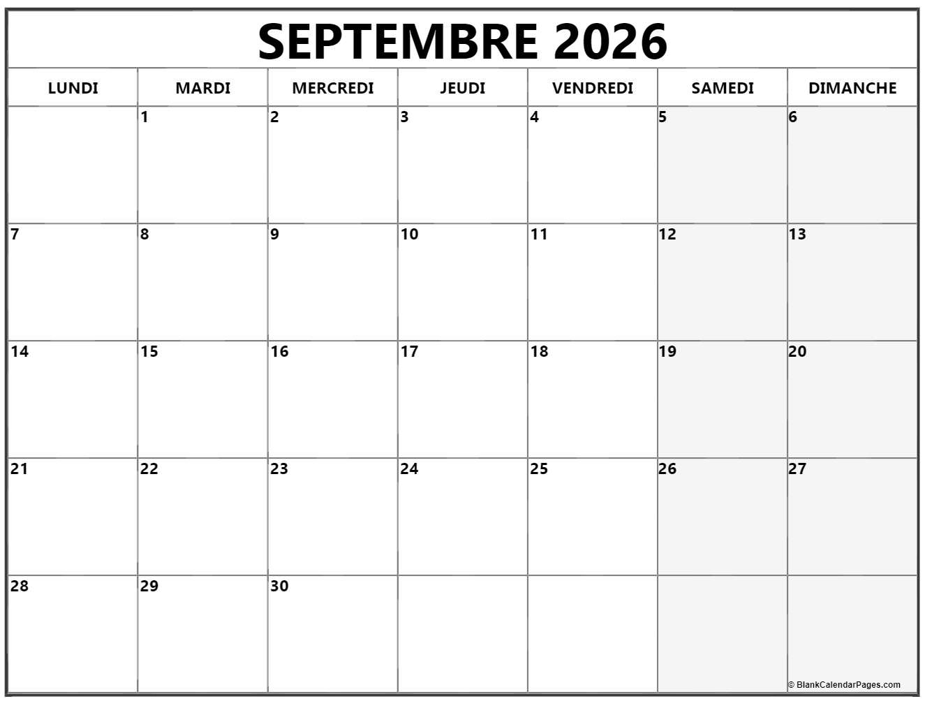 Septembre 2026 Calendrier Imprimable Calendrier Gratuit