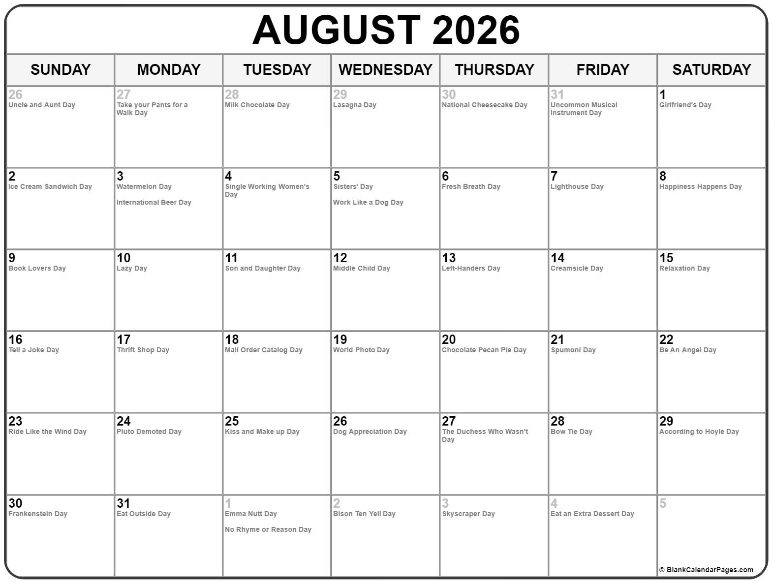 August 2023 With Holidays Calendar