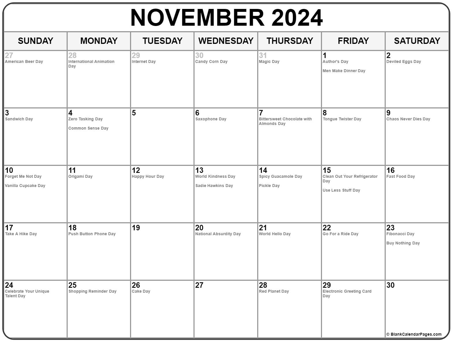 November 2022 With Holidays Calendar