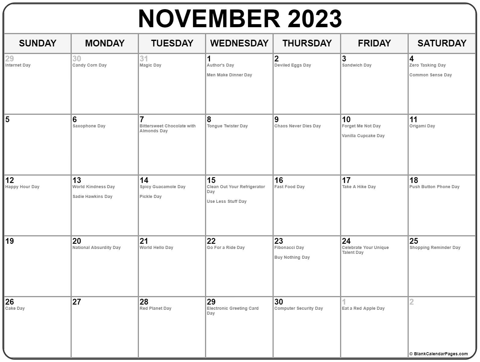 Free Printable November 2023 Calendar With Holidays