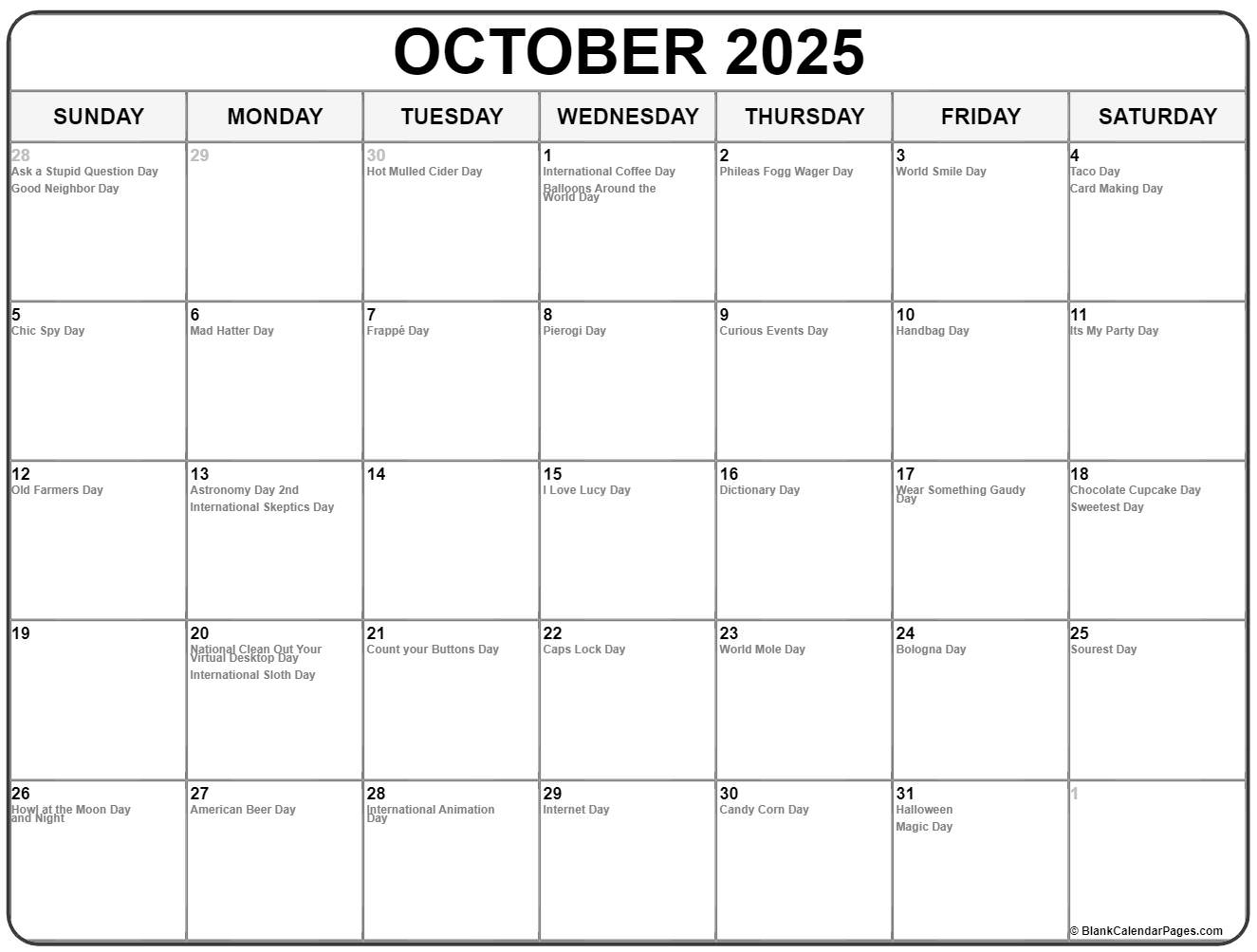 October 2020 calendar with holidays