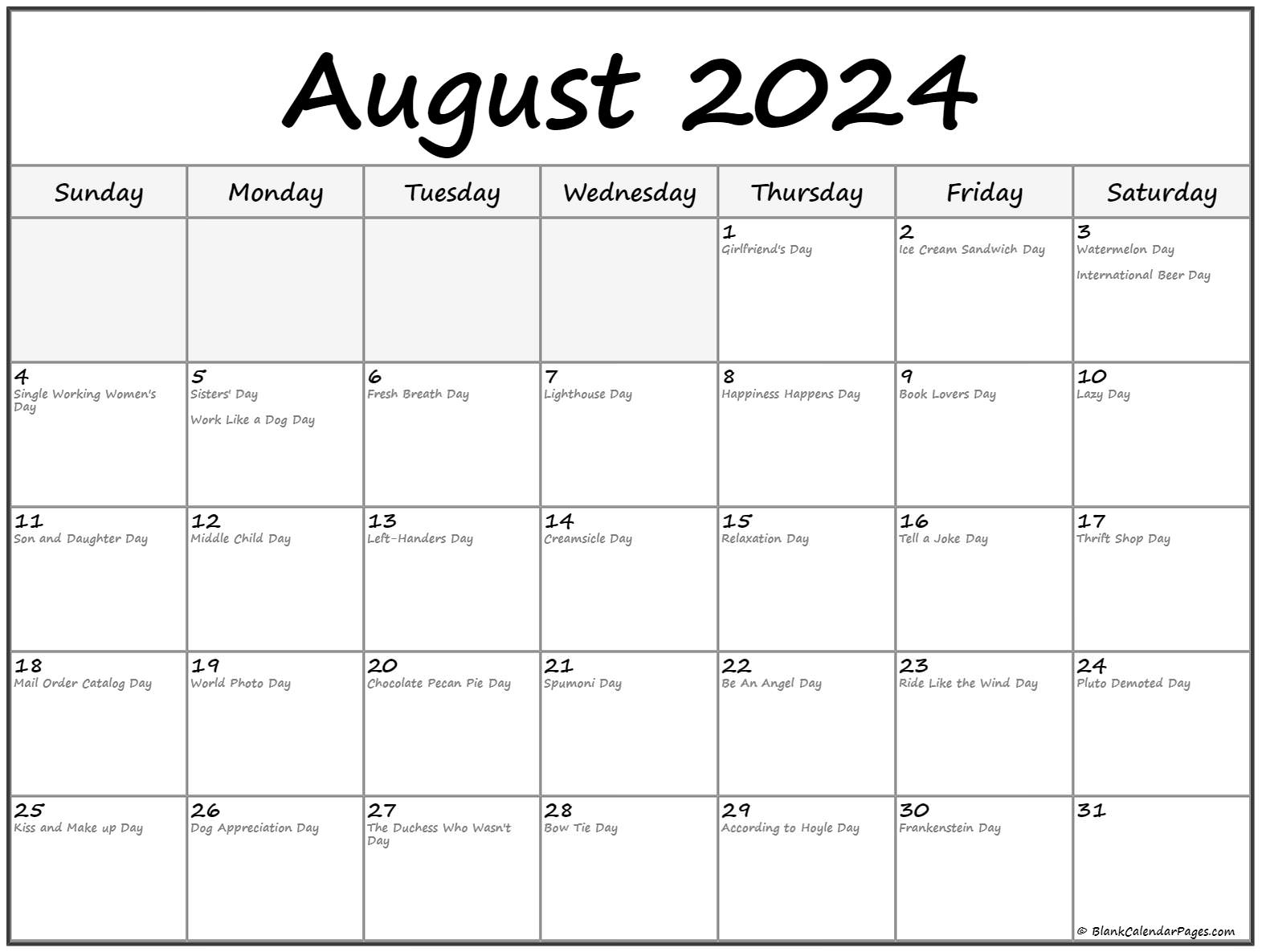 August 2020 calendar with holidays