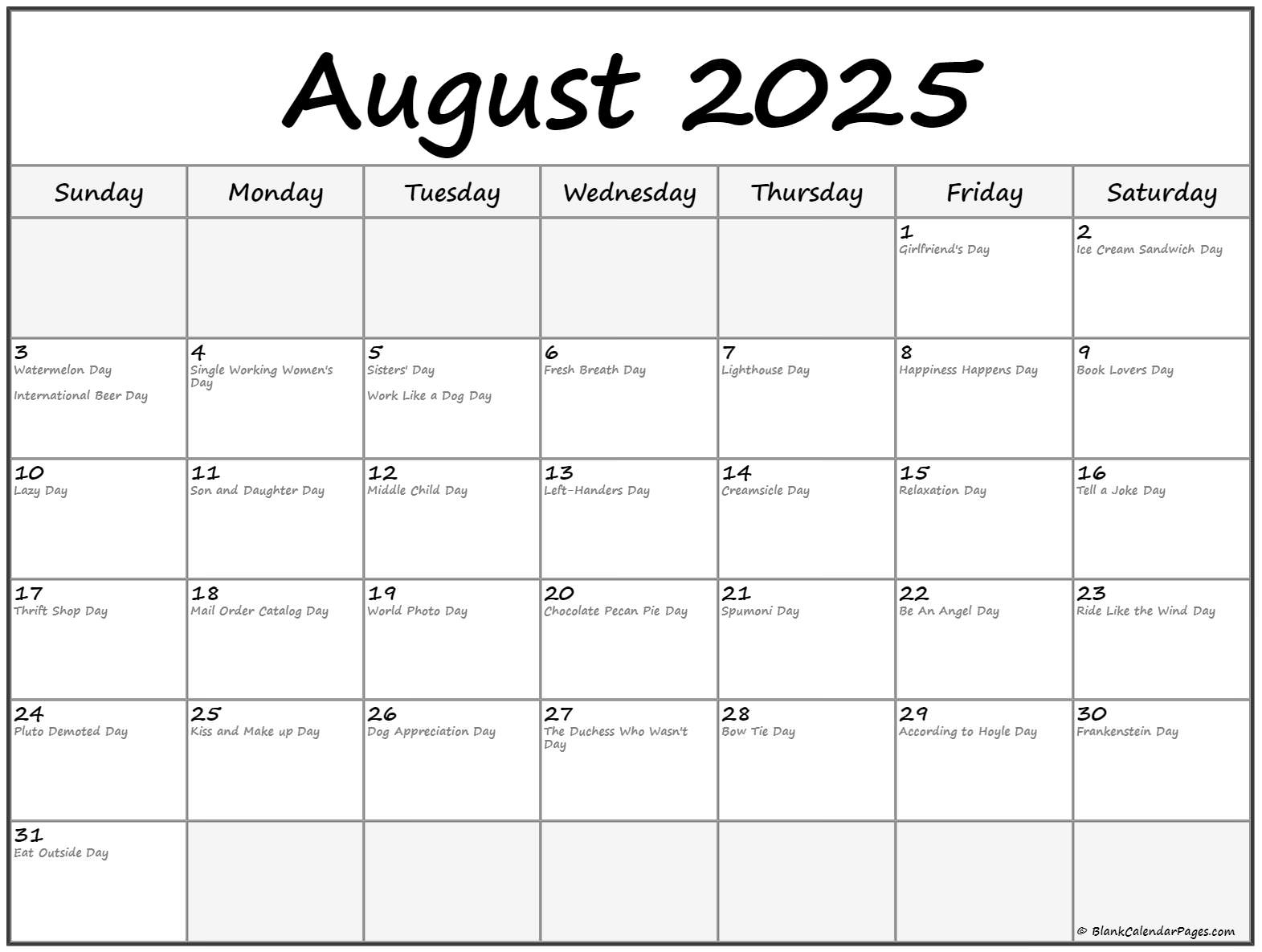 August 2025 Day Calendar