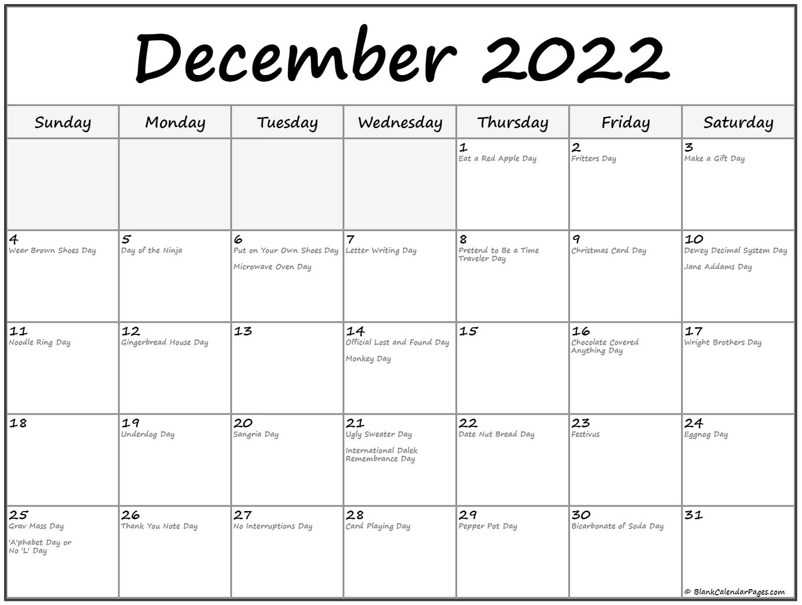 December With Holidays Calendar