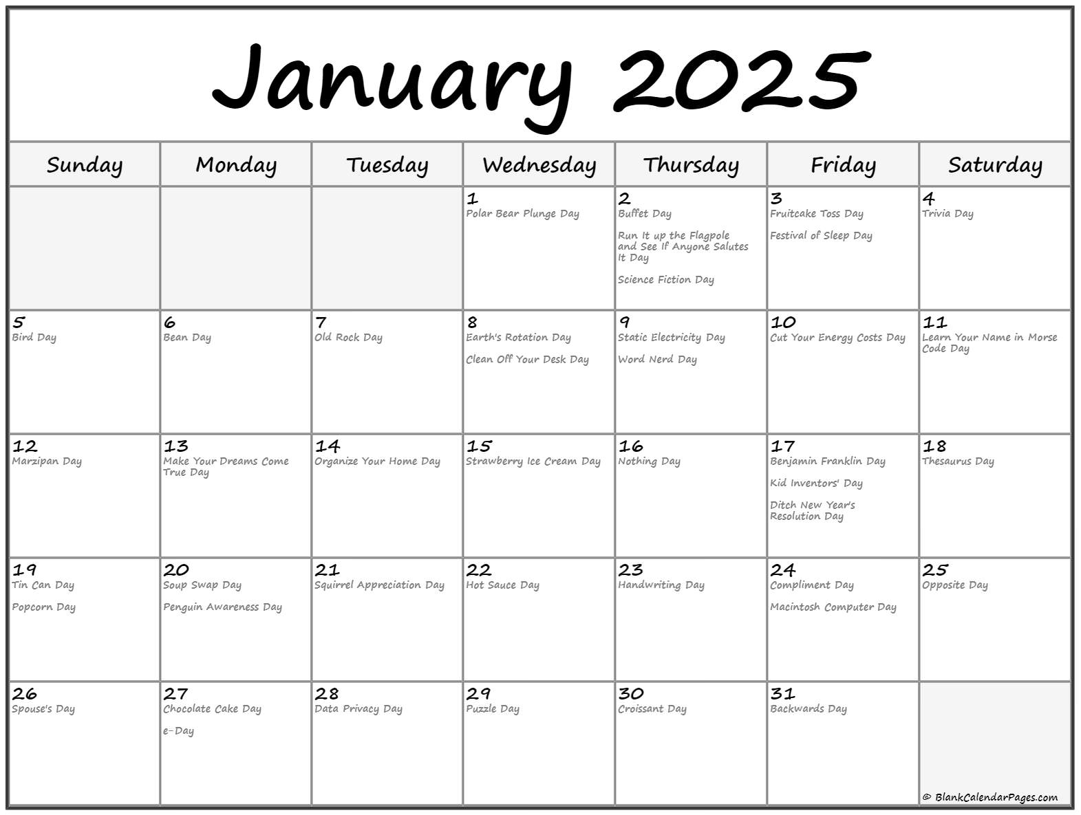 January 2025 With Holidays Calendar