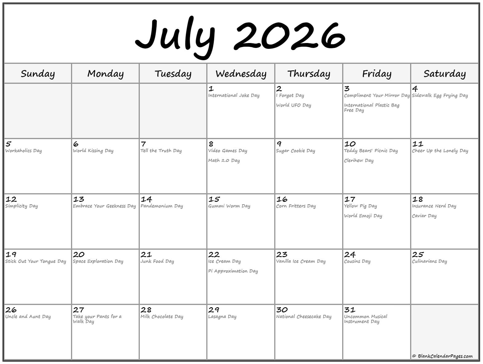 2026 July Calendar With Holidays Printable