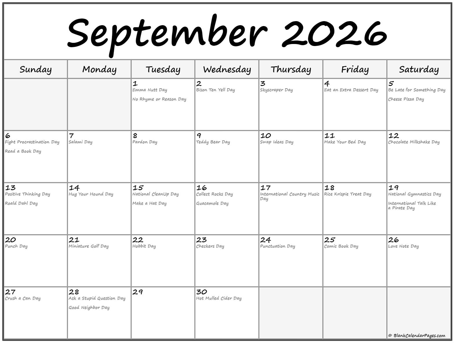 September 2026 With Holidays Calendar