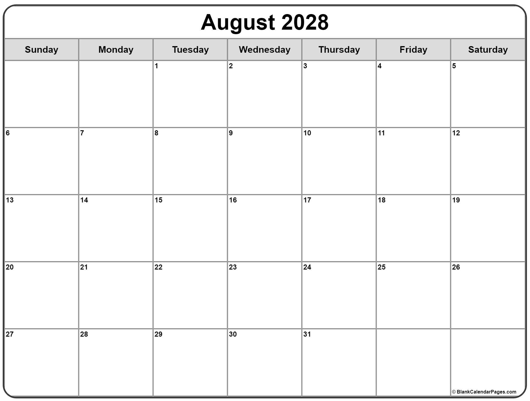 template for August 2028 calendar