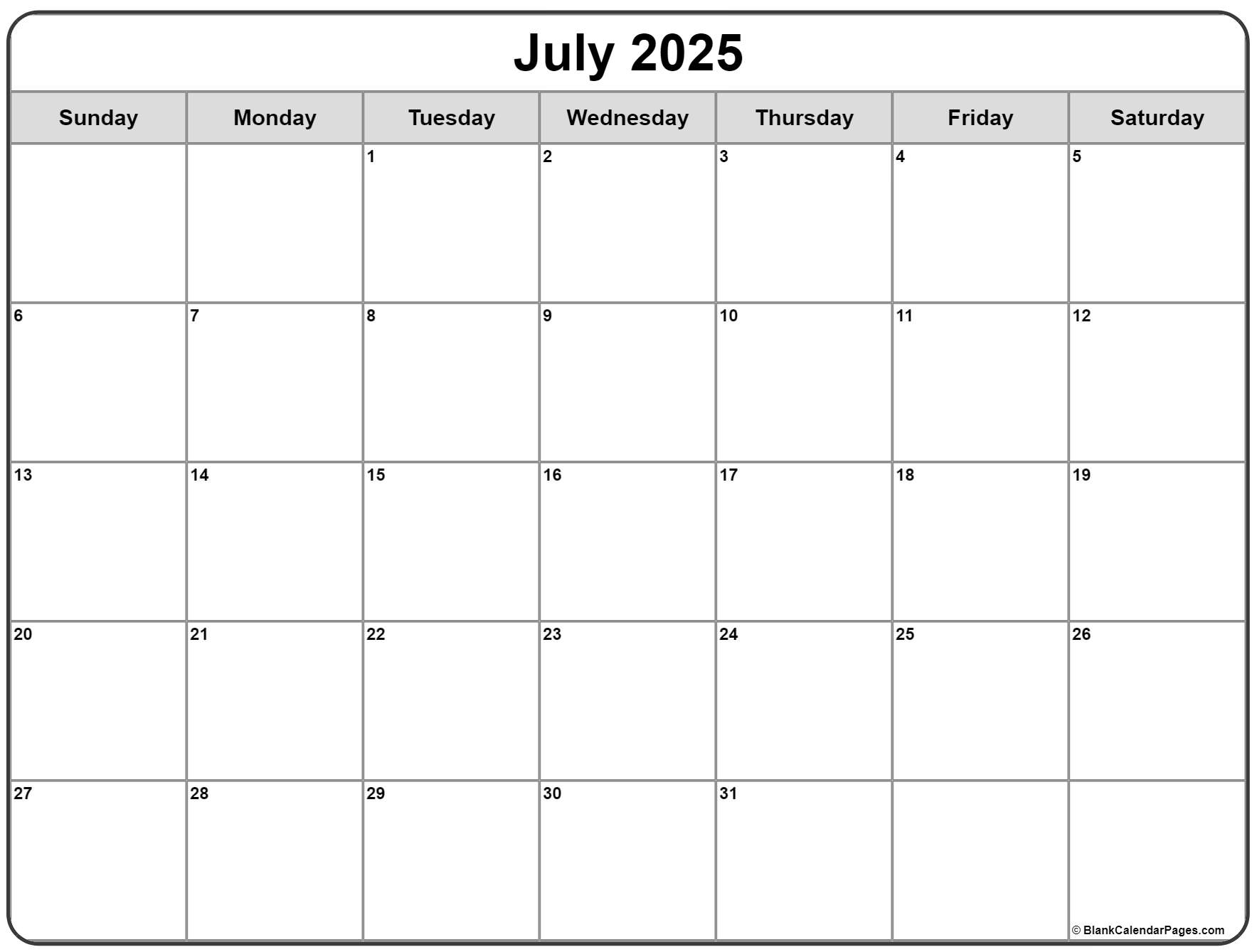 July 2025 Calendar Printable Free