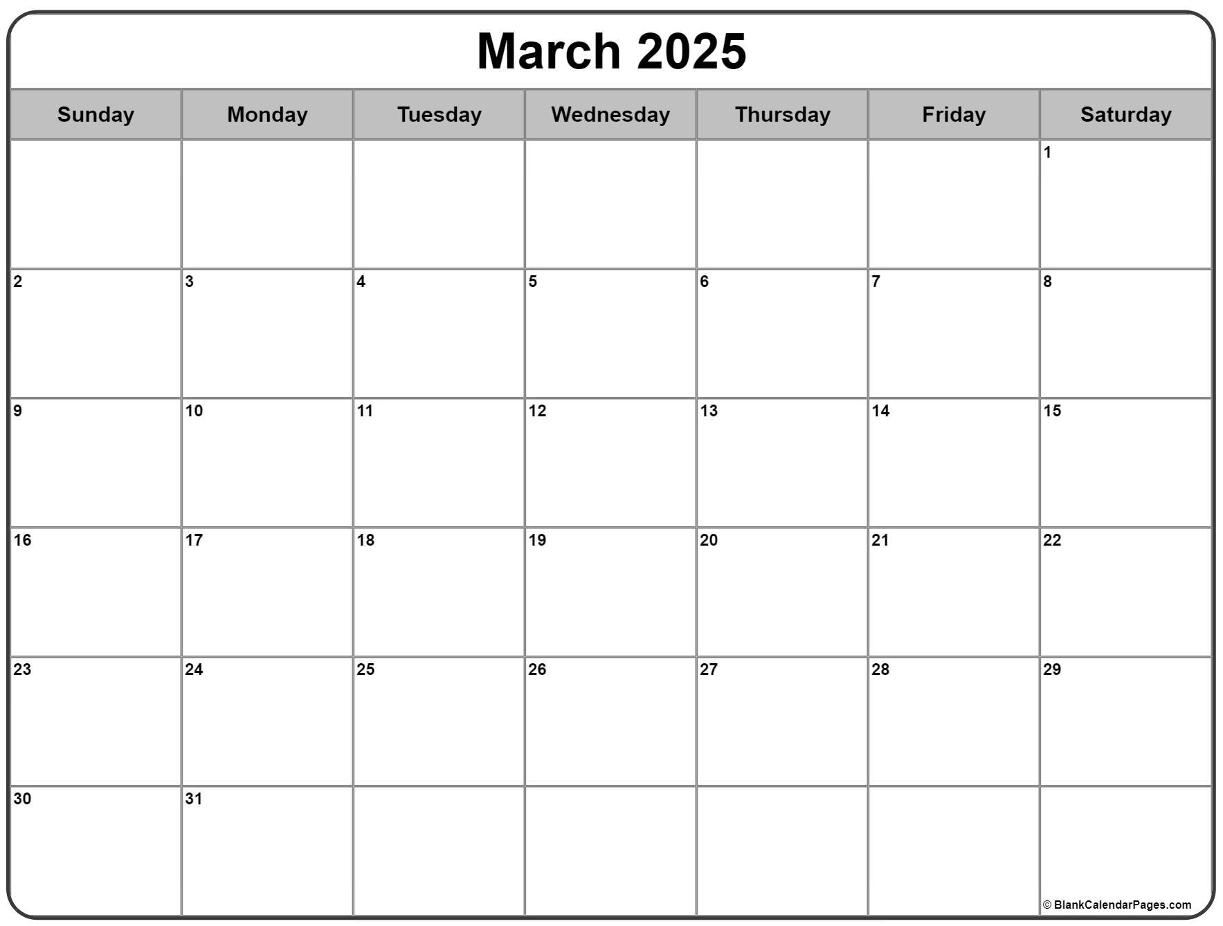 2025 March Calendar Full 11×8.5 Paper Size