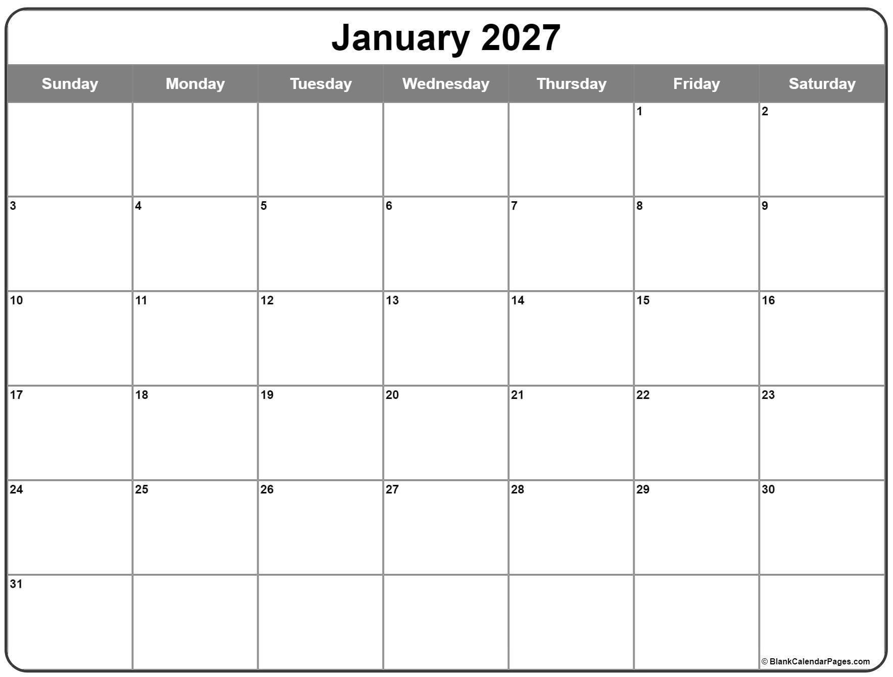 January 2027 Calendar Free Printable Calendar January 2027 Calendar Free Printable Calendar