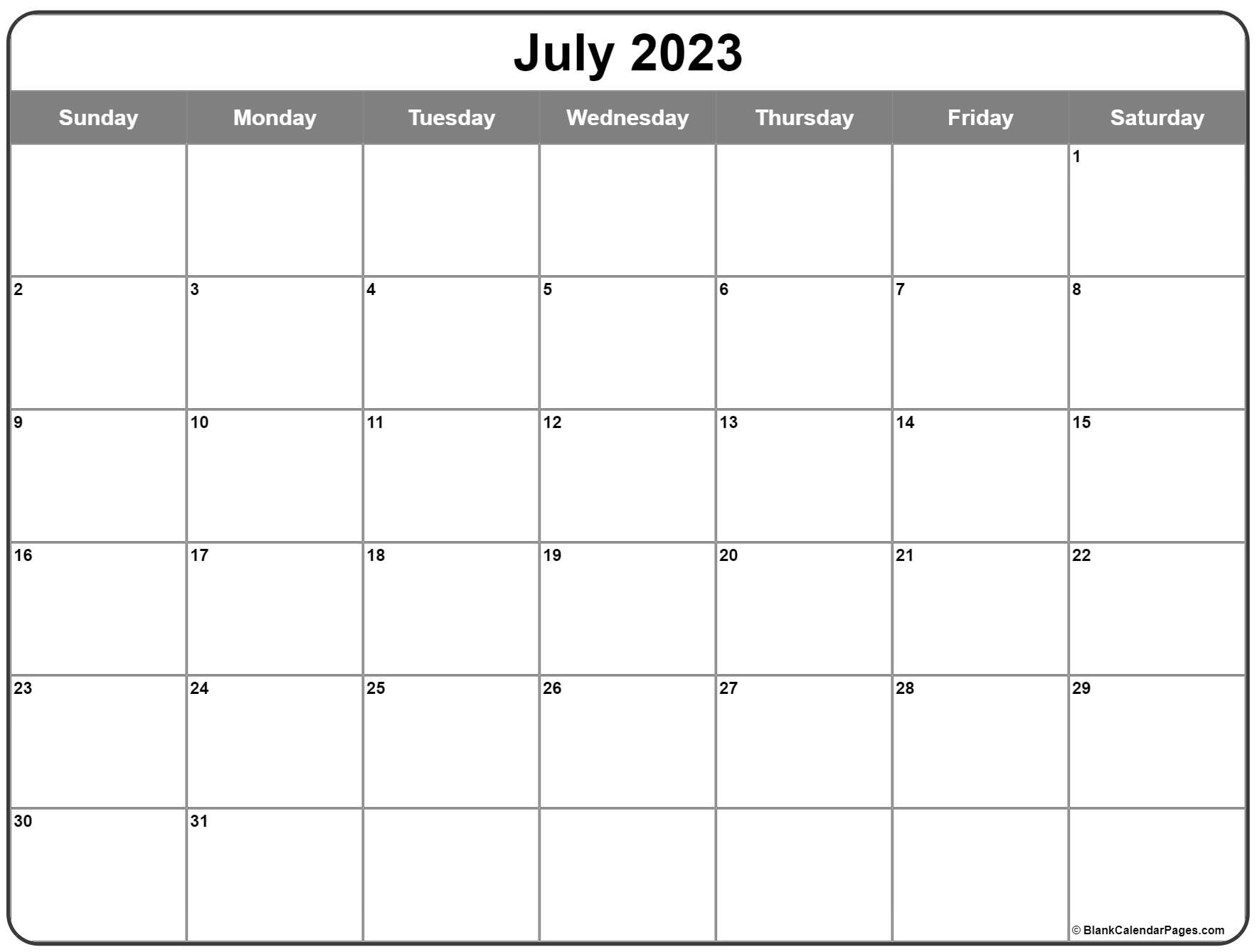 Free Monthly Printable Calendar July 2023