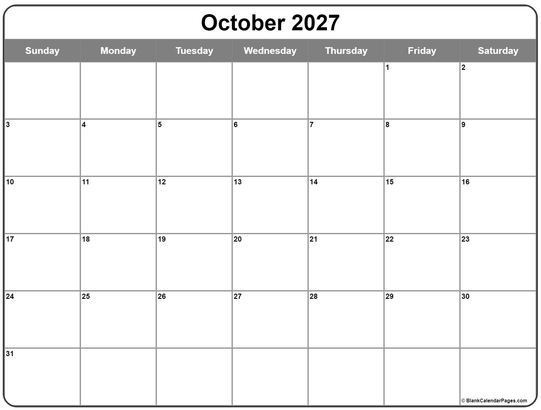 October 2027 Calendar Free Printable Calendars October 2027 Calendar Free Printable Calendars