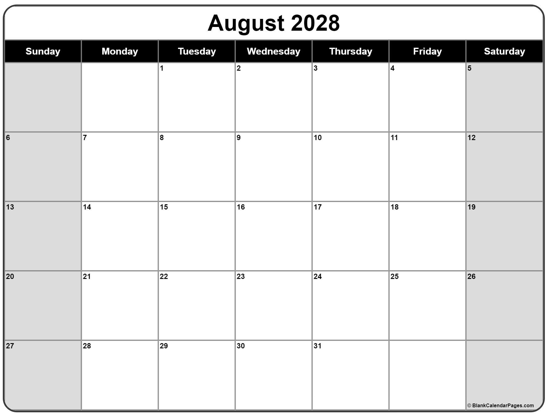 August 2028 monthly calendar