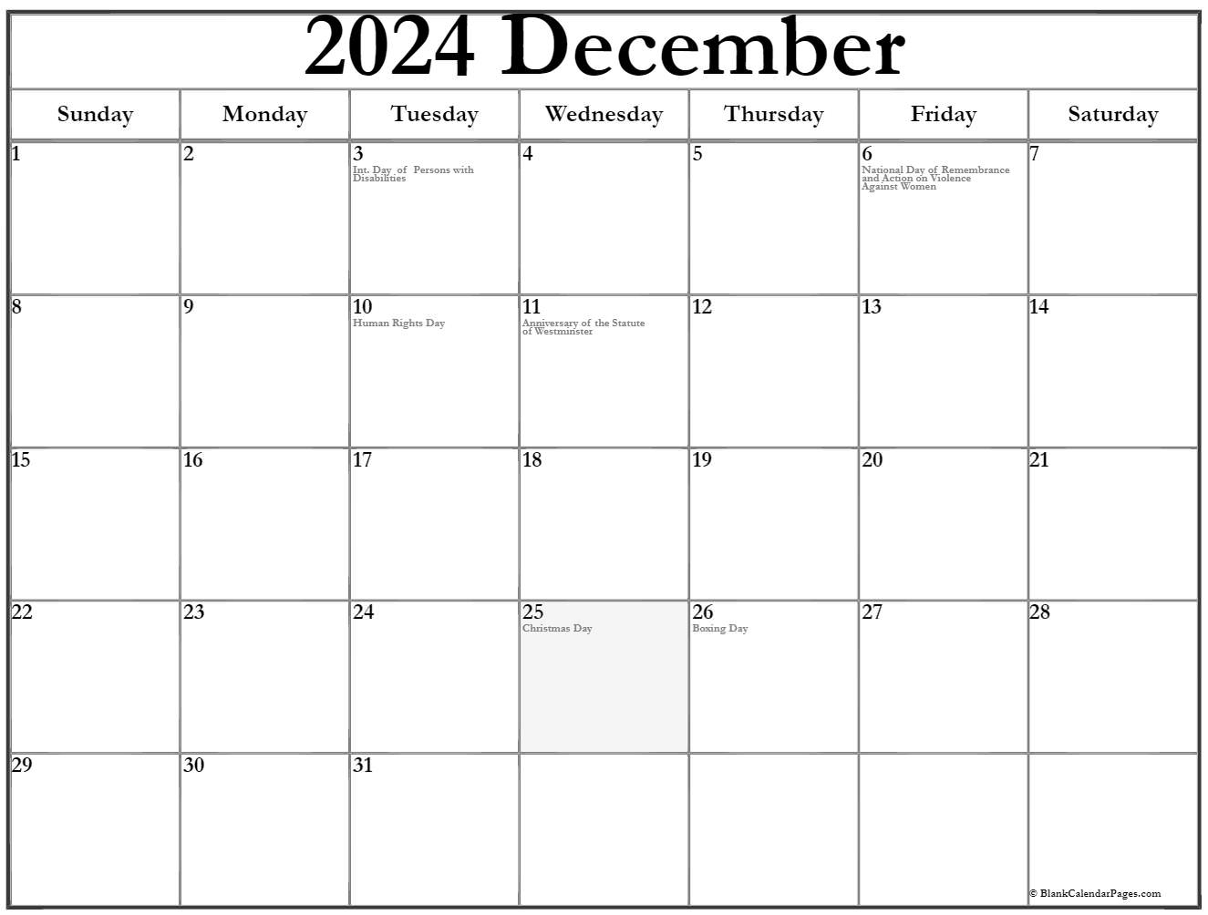 Printable 2024 December Calendar With Holidays Templates Suzie Etheline