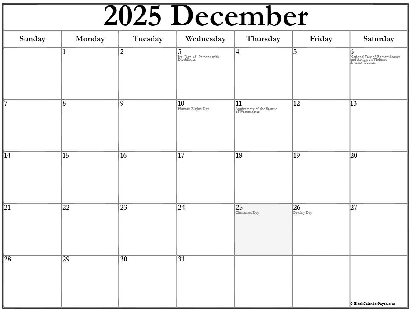 December 2025 with holidays calendar