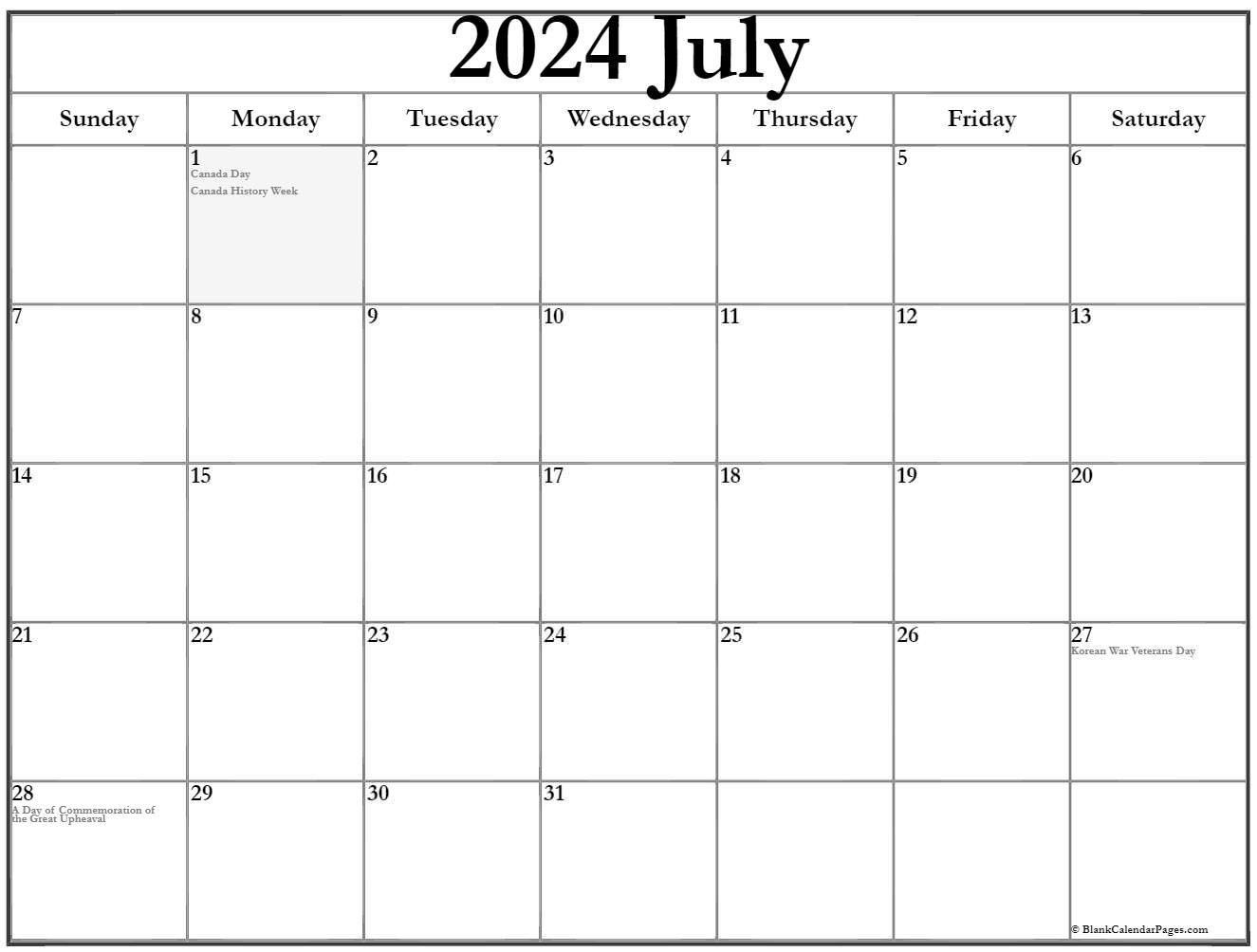 July 2019 Calendar Canada