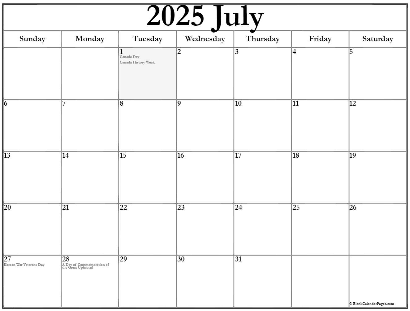 July 2025 Calendar Big Numbers