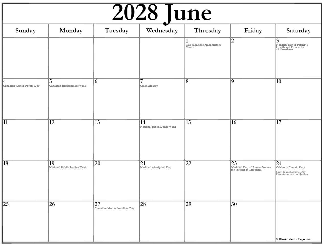 June 2028 with Canadian holidays calendar