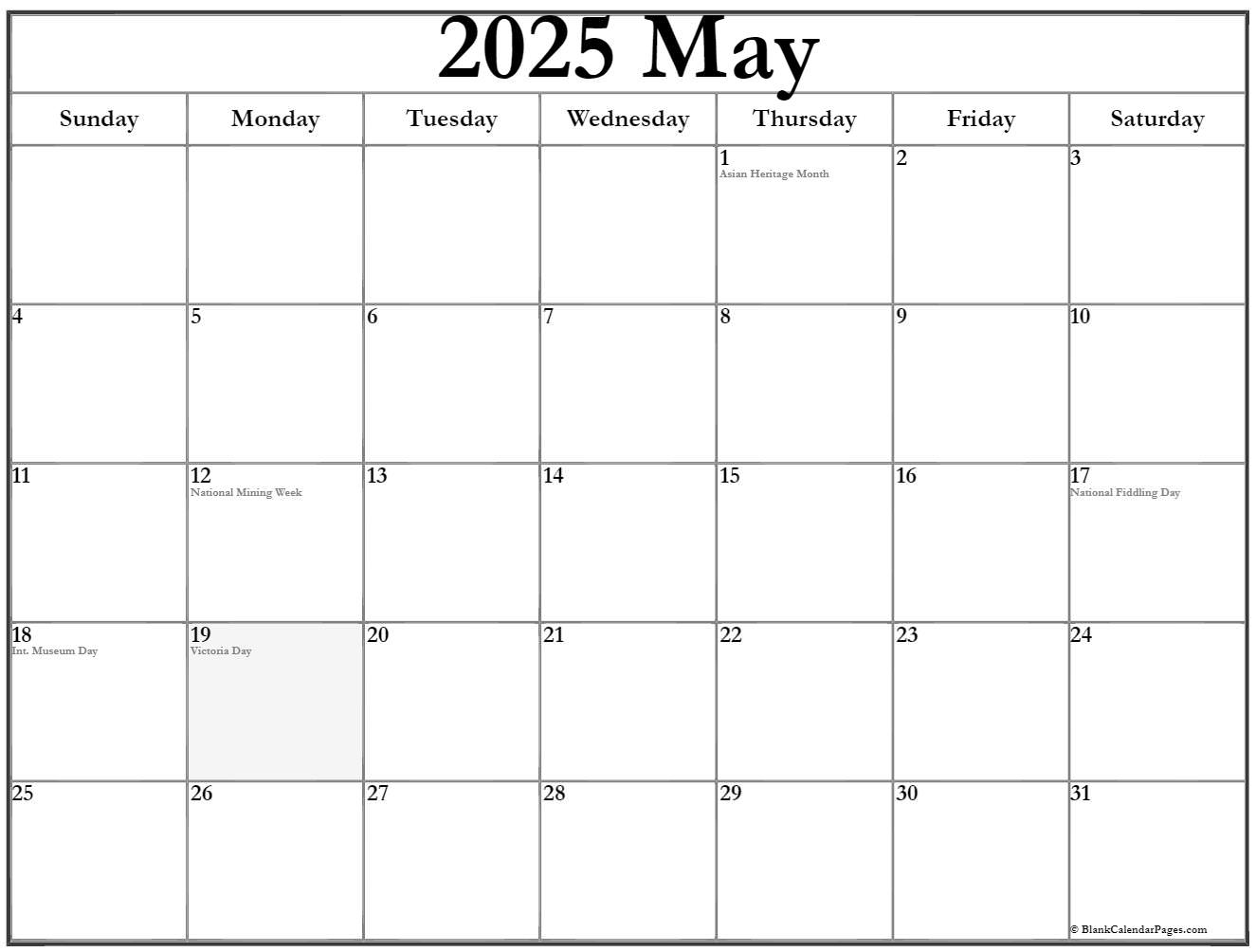 May 2025 With Holidays Calendar