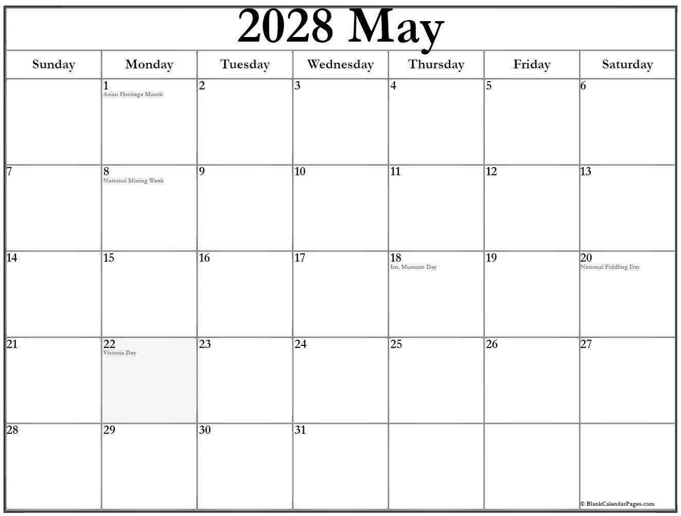 May 2028 with Canadian holidays calendar