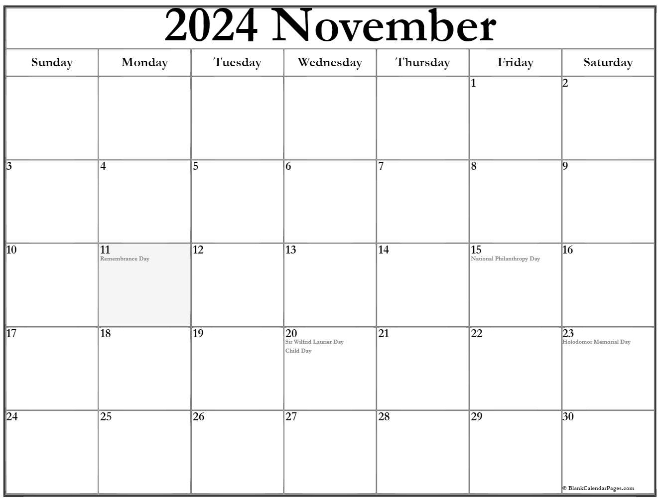 November 2021 calendar with holidays