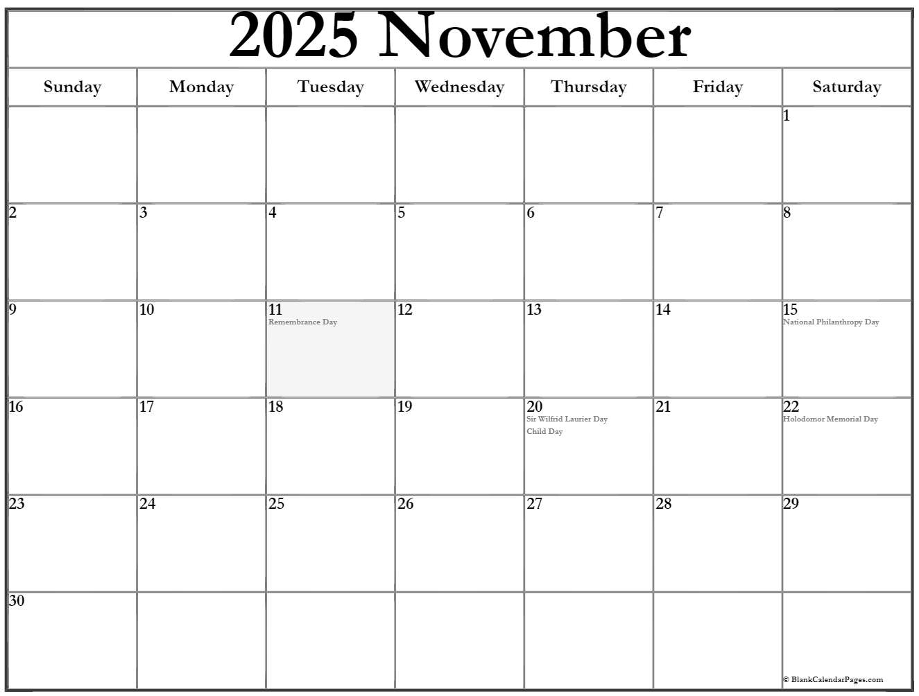 November 2025 With Holidays Calendar