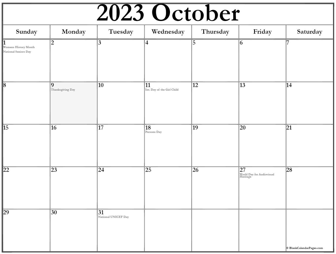 Canada October 2023 Calendar With Holidays Gambaran