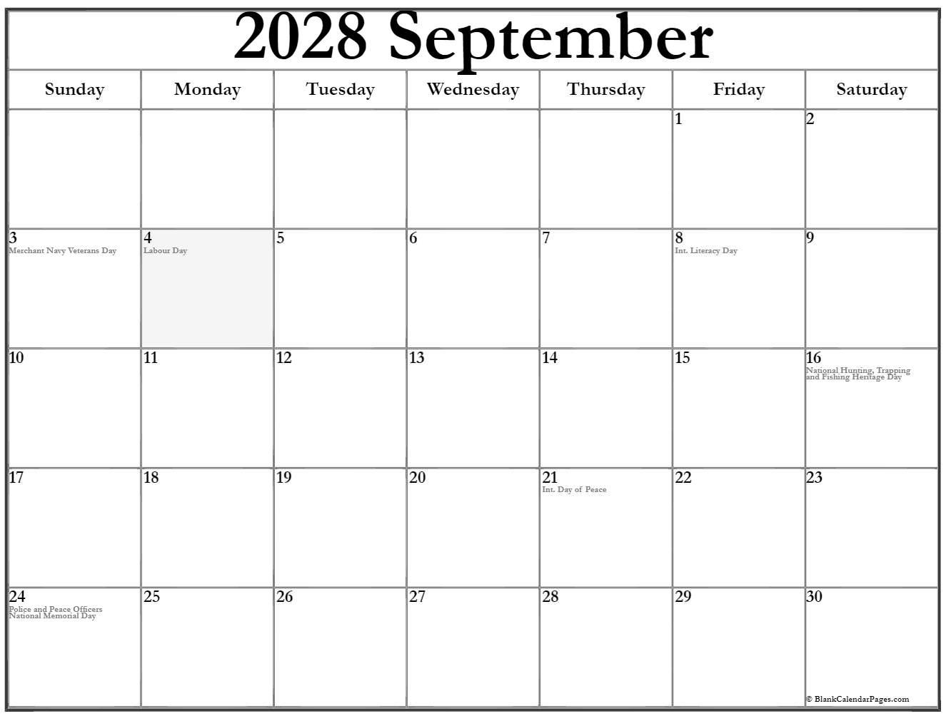 September 2028 with Canadian holidays calendar