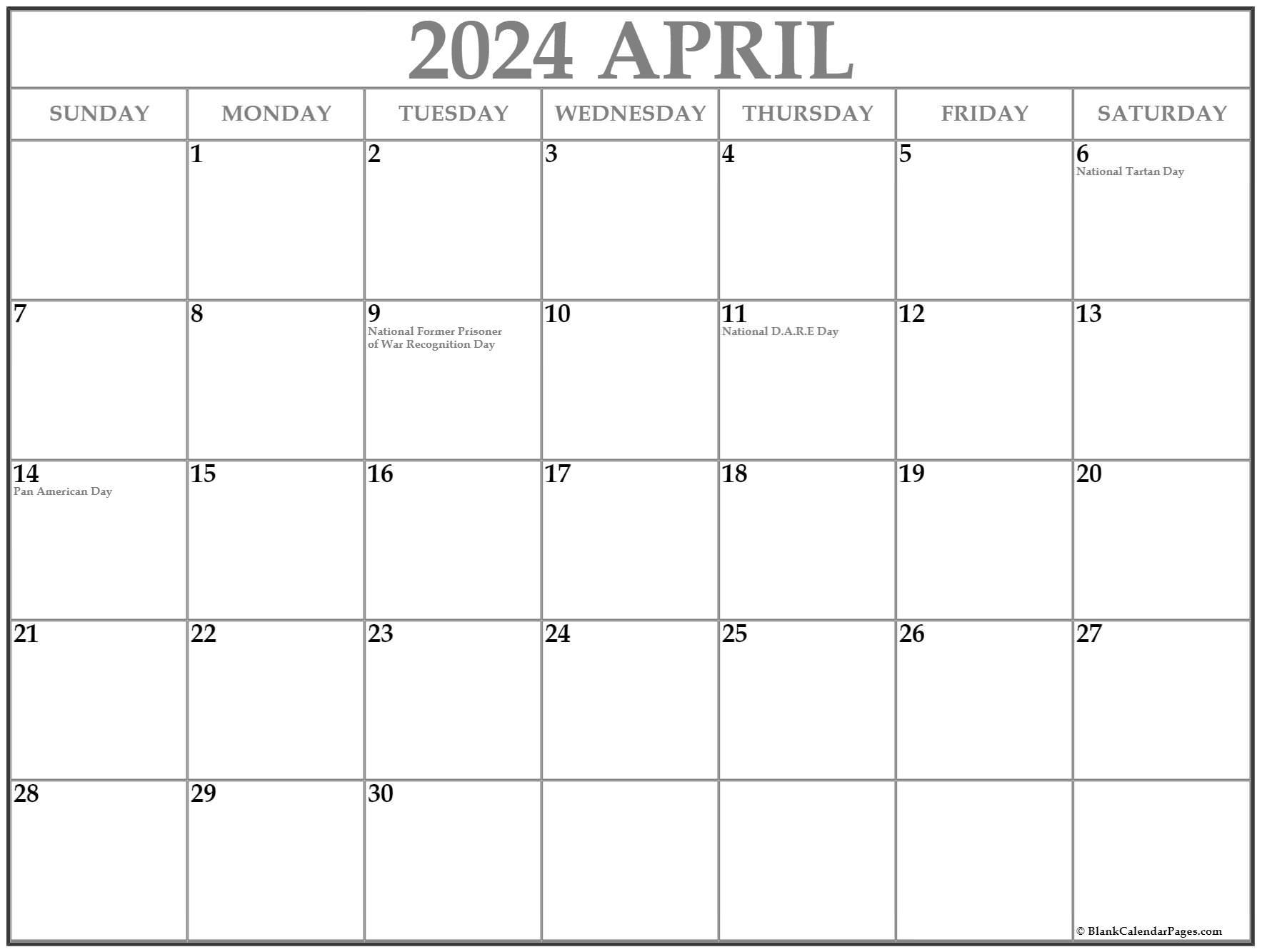 April 2024 with holidays calendar