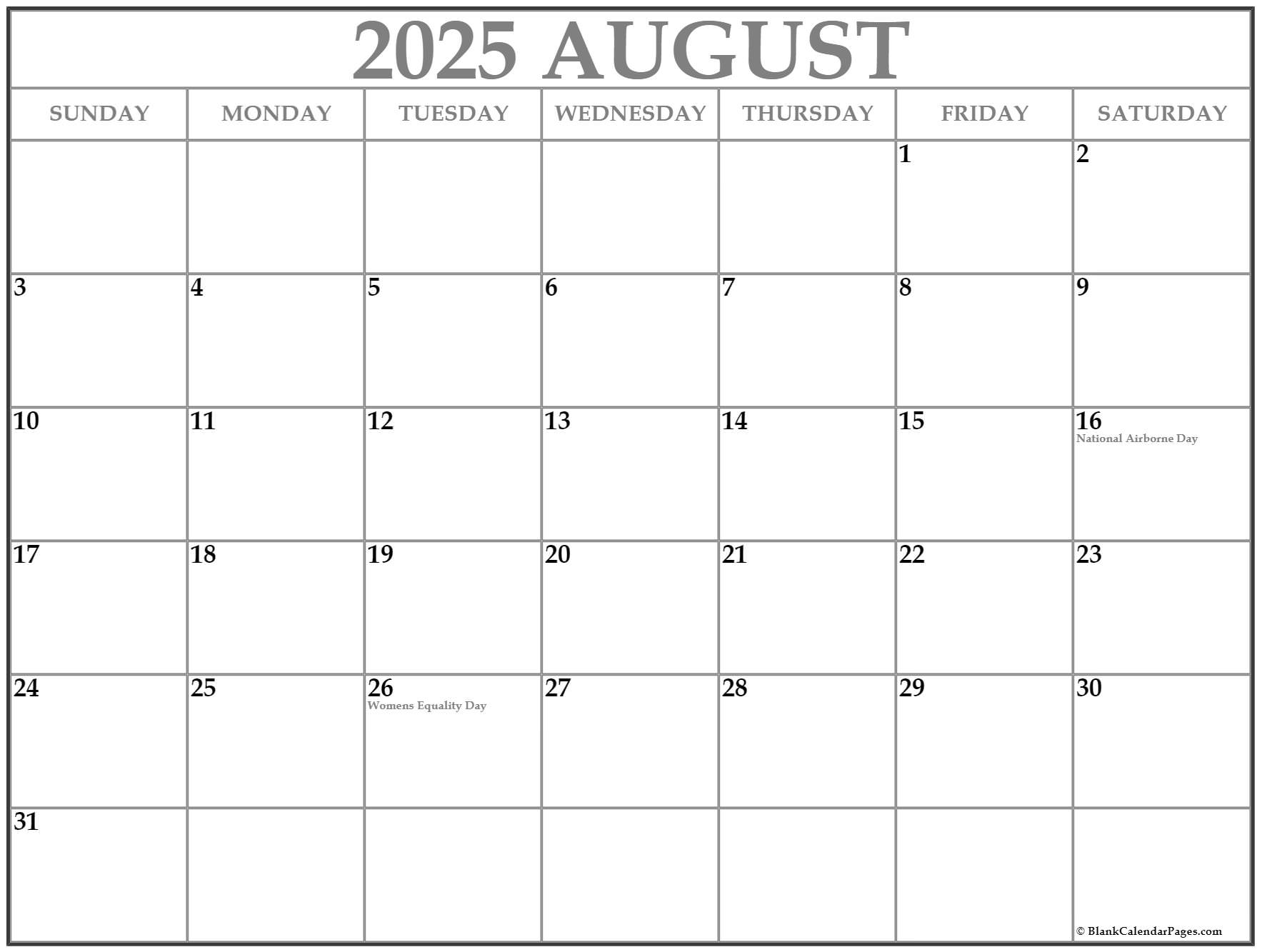 August 2025 with holidays calendar