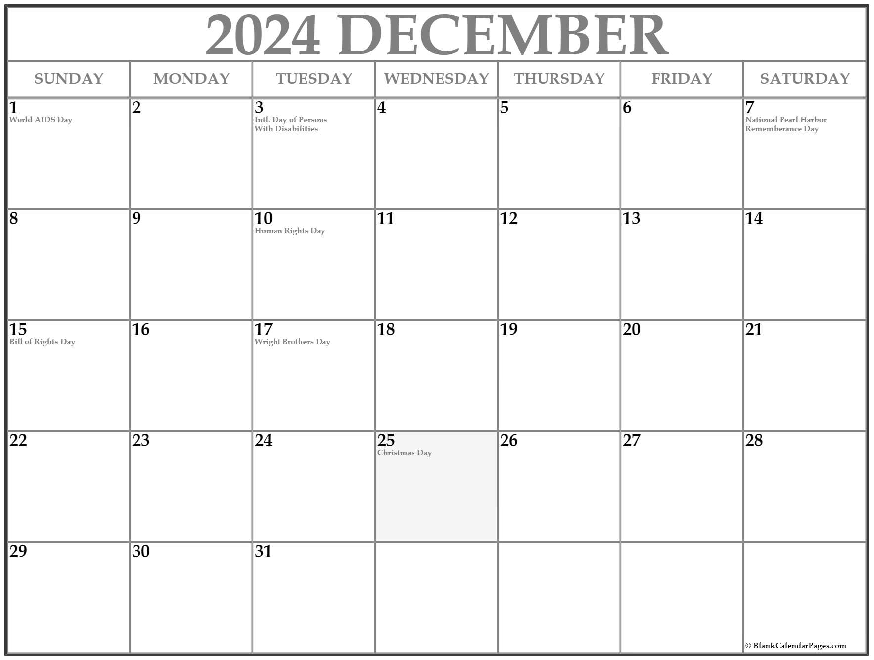 December 2019 calendar with holidays