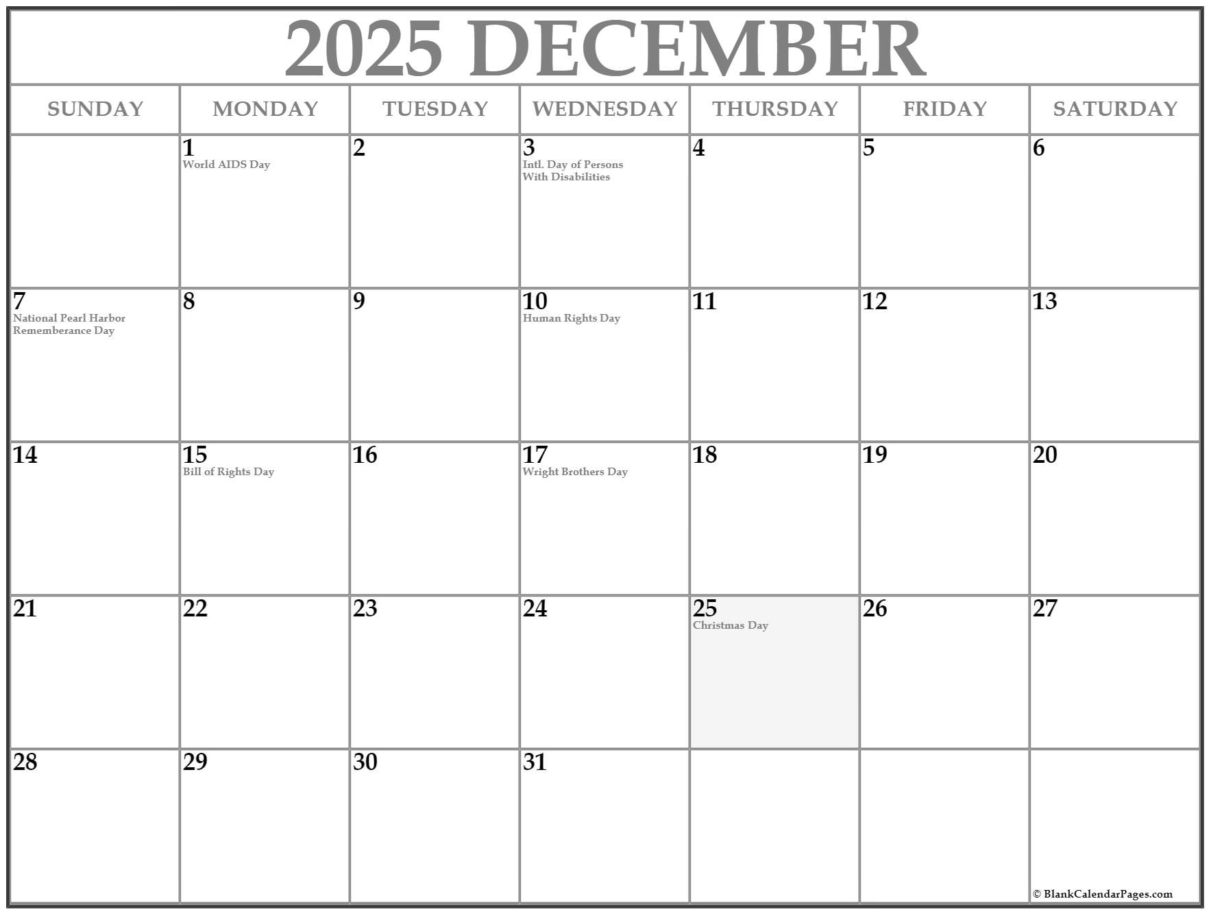 December Desktop Calendar 2025 With Holidays