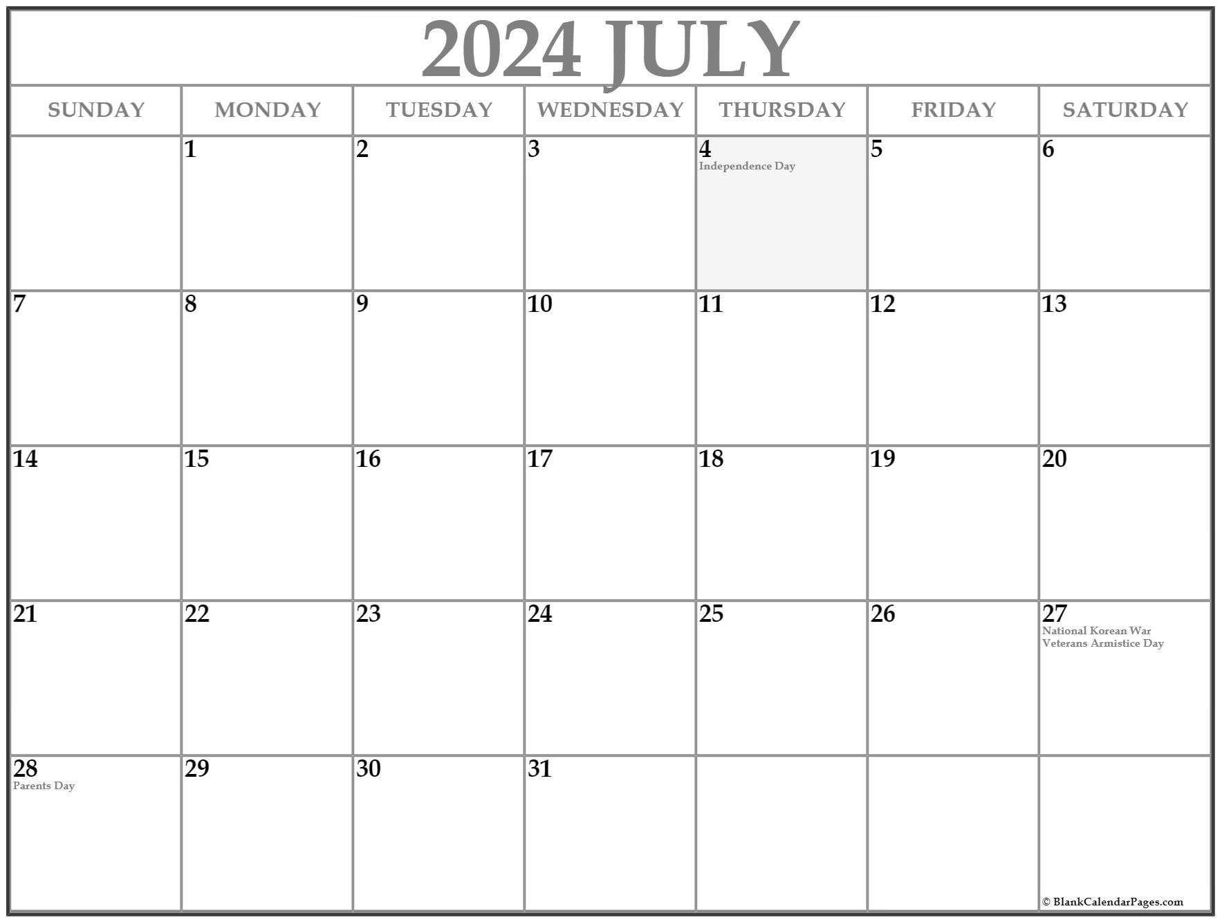 July 2024 with holidays calendar