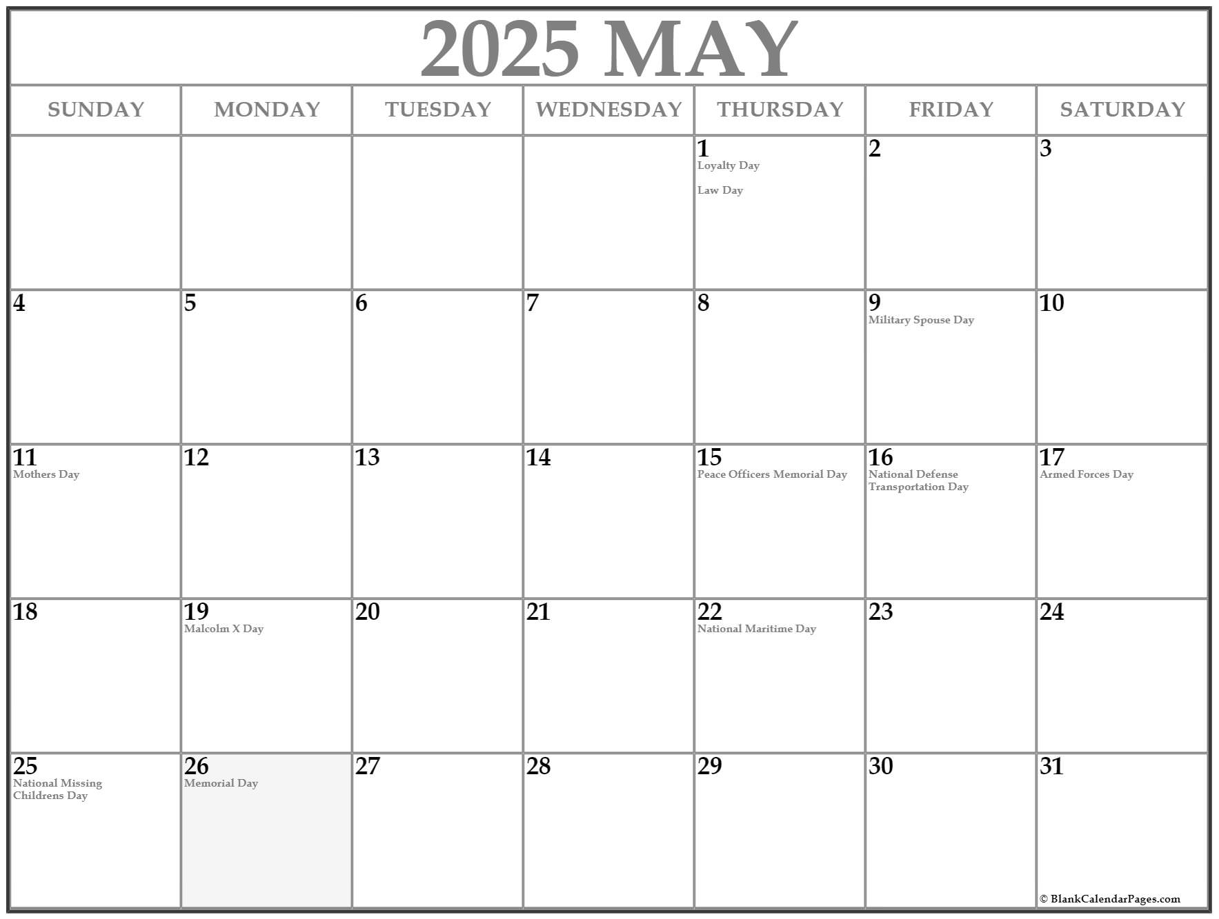 National Holiday Calendar May 2025