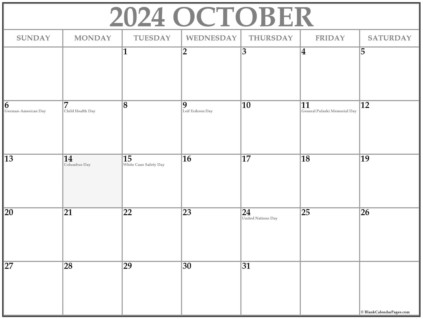 October 2020 calendar with holidays