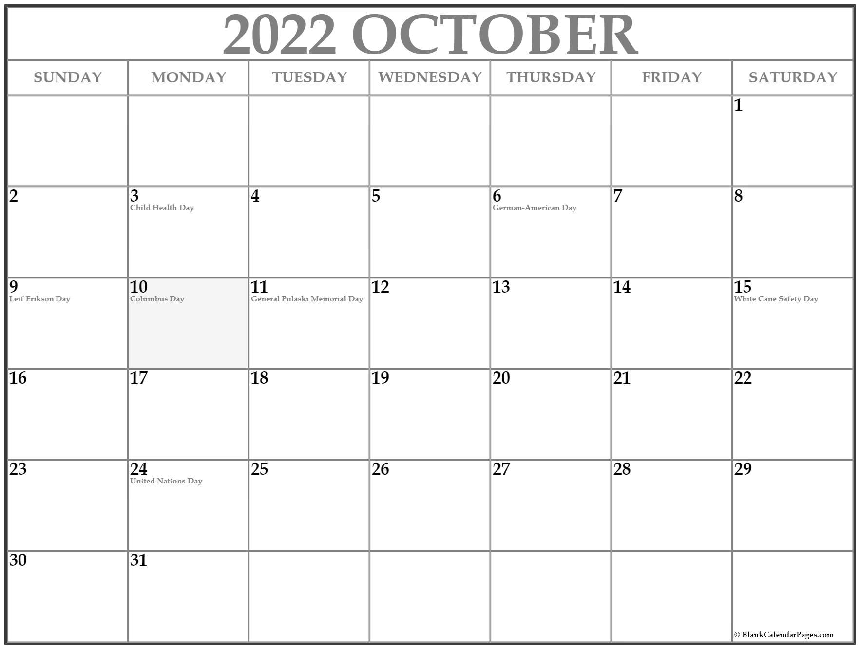 october 2022 with holidays calendar