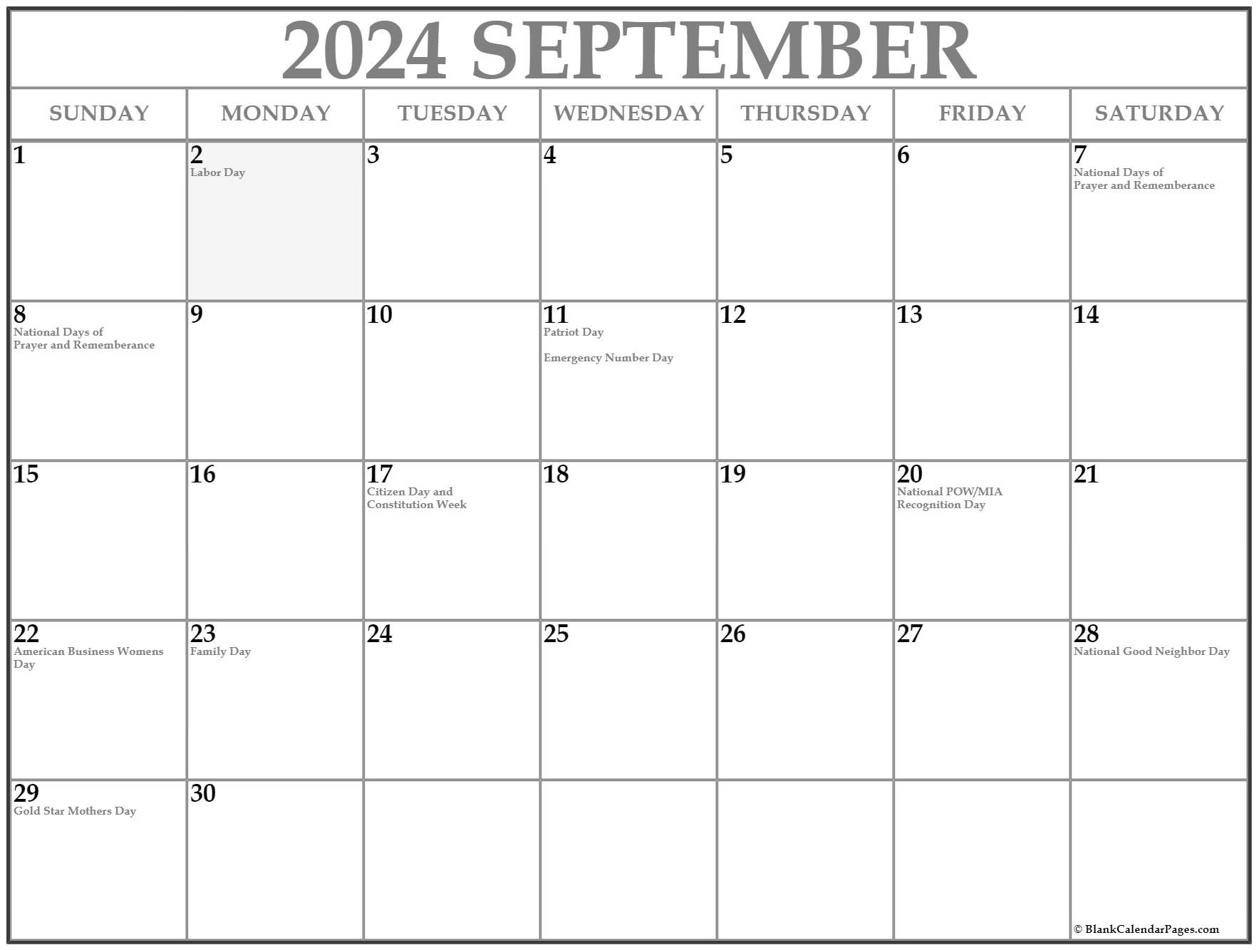 September 2021 calendar with holidays