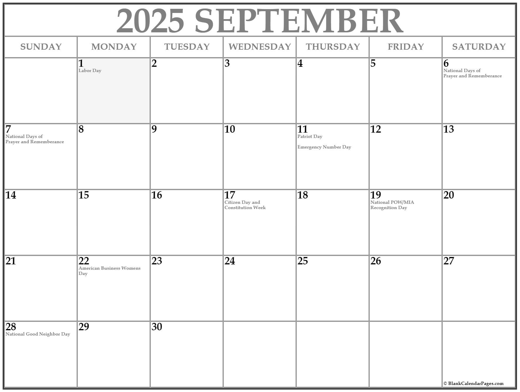 September 2025 with holidays calendar