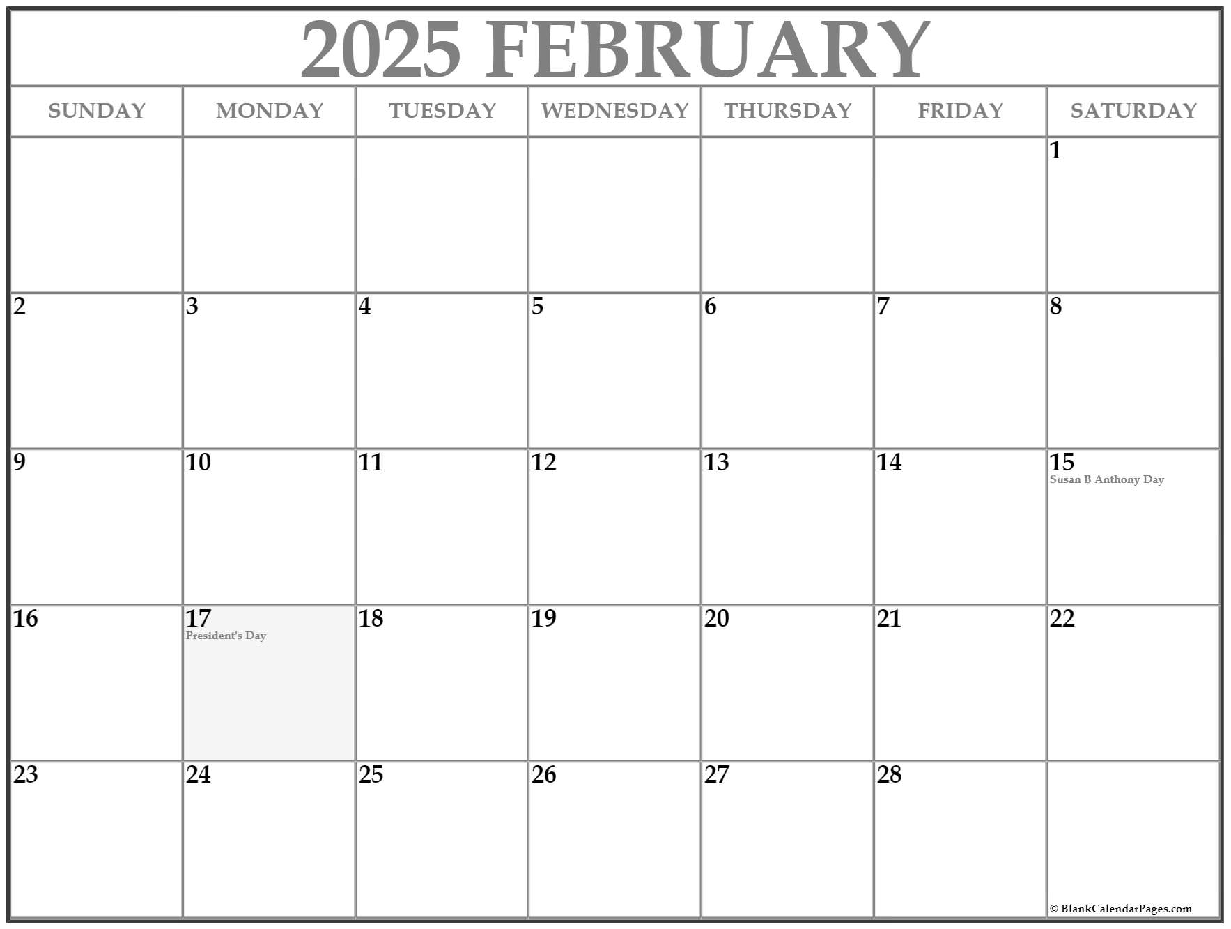 february 2025 with holidays calendar