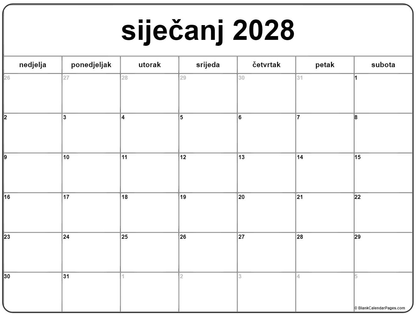 siječanj 2028 kalendar hrvatski