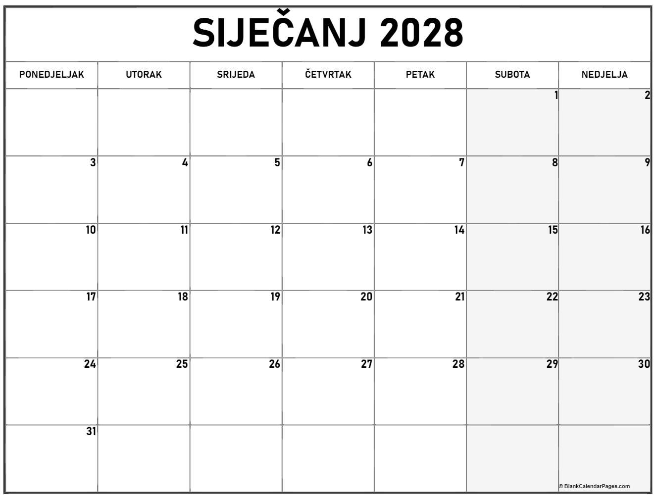 siječanj 2028 kalendar hrvatski