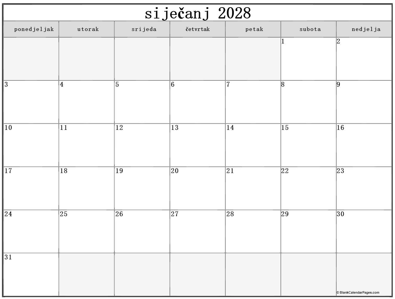 siječanj 2028 kalendar hrvatski