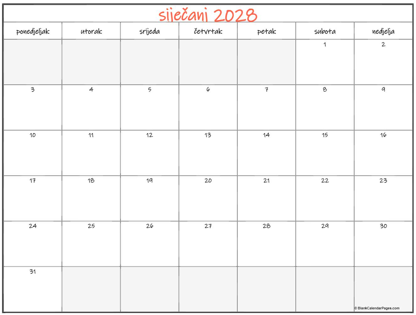 siječanj 2028 kalendar hrvatski