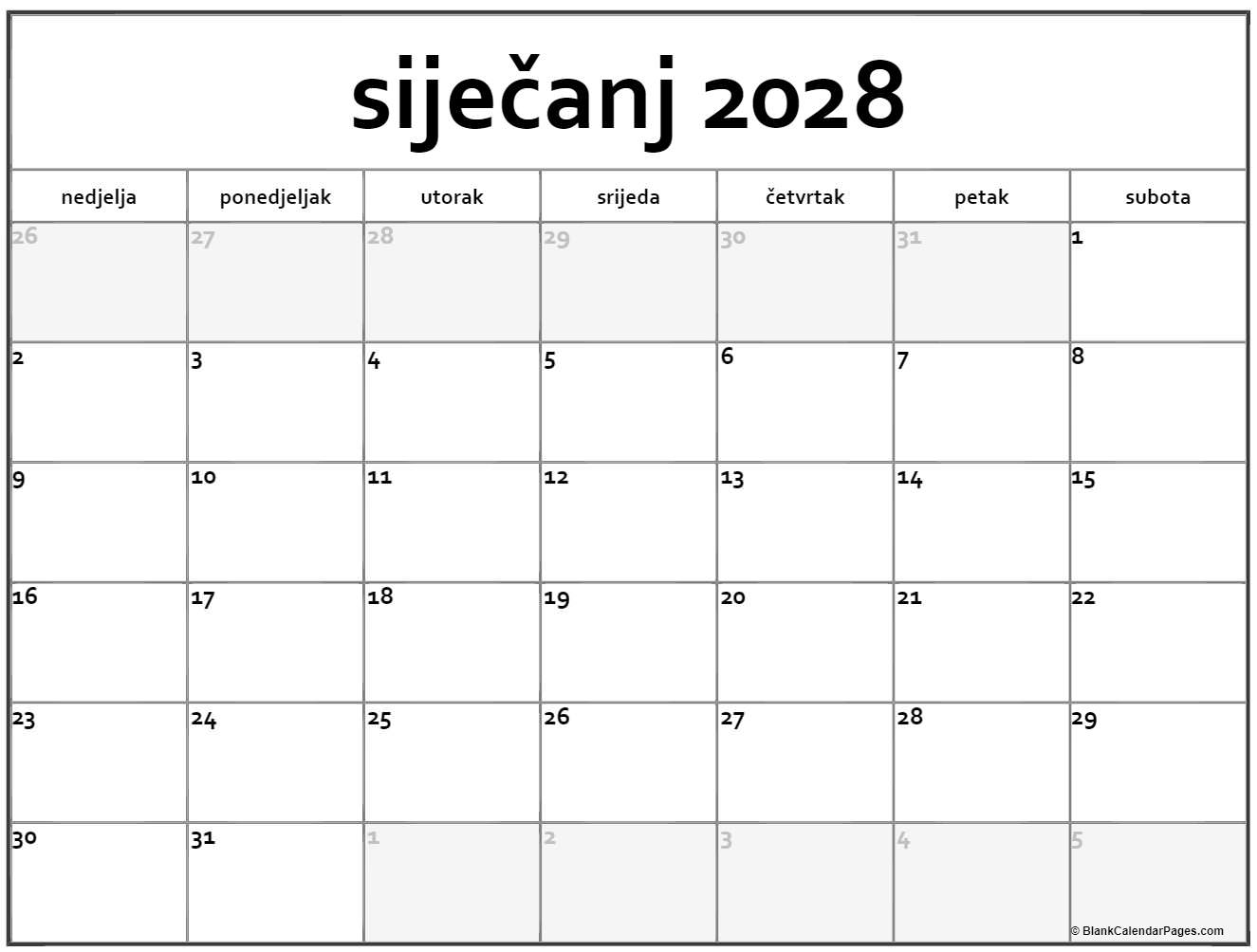 siječanj 2028 kalendar hrvatski