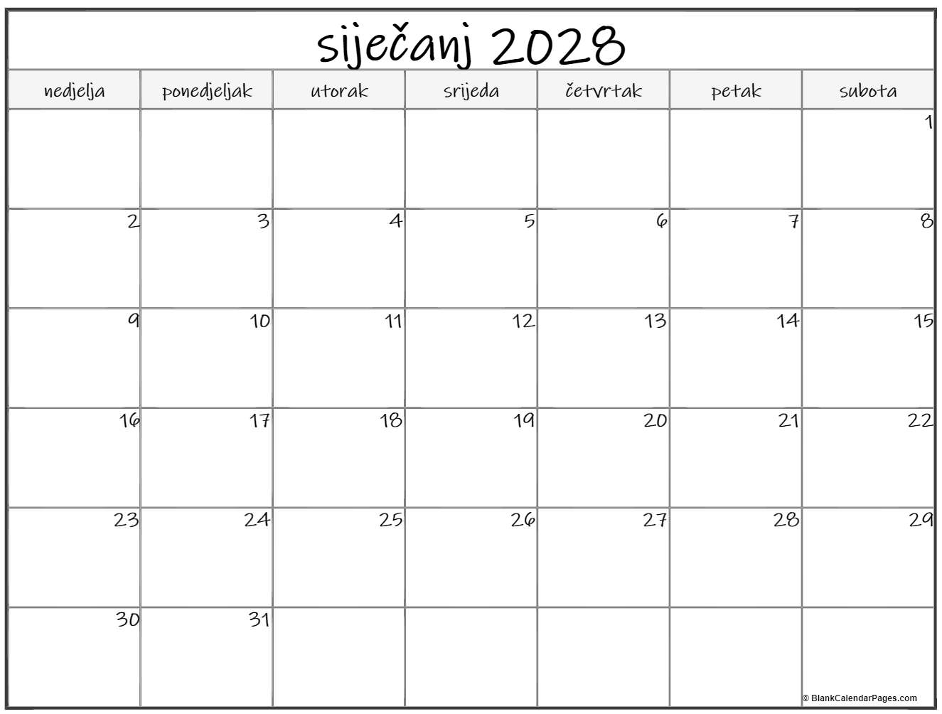 siječanj 2028 kalendar hrvatski