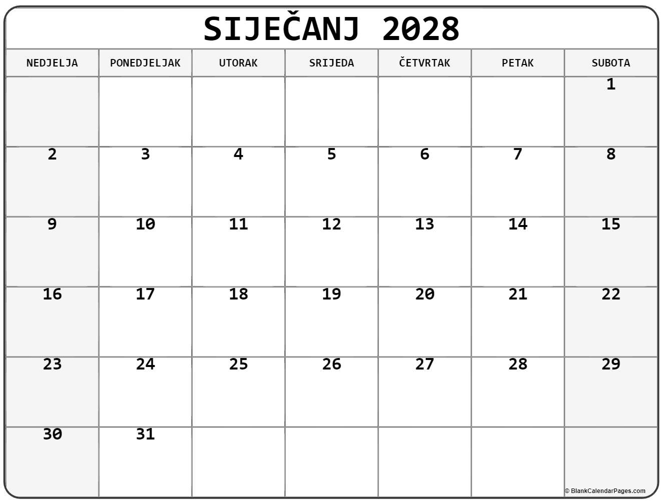 siječanj 2028 kalendar hrvatski