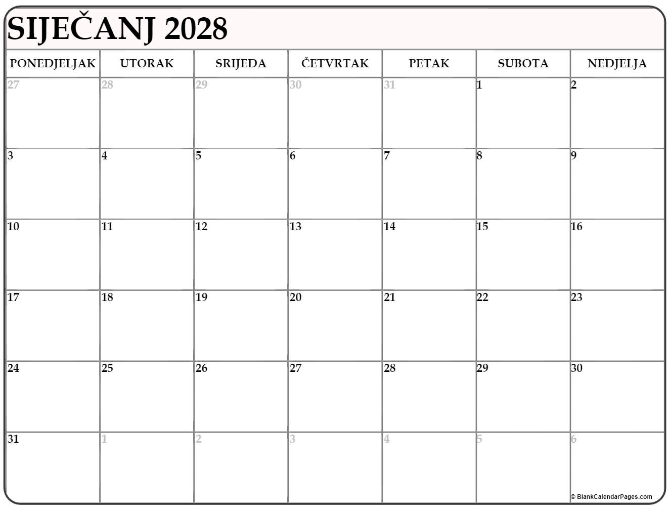 siječanj 2028 kalendar hrvatski početak ponedjeljka